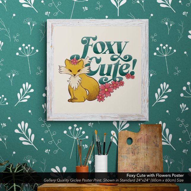 Foxy Cute med Flowers Poster (Foxy Cute poster print shown in the standard 24" x 24" dimensions. Choose the size best for you.)