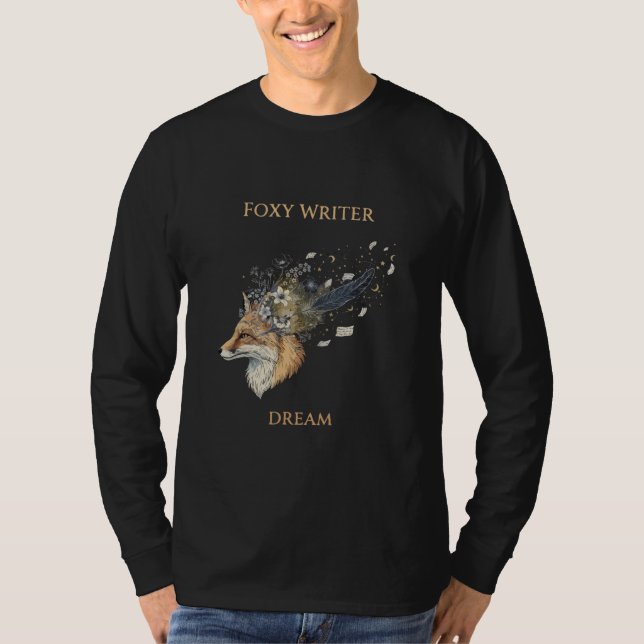 Foxy Writer Celestial Dream | Whimsical Fox & Quil T Shirt (Framsida)