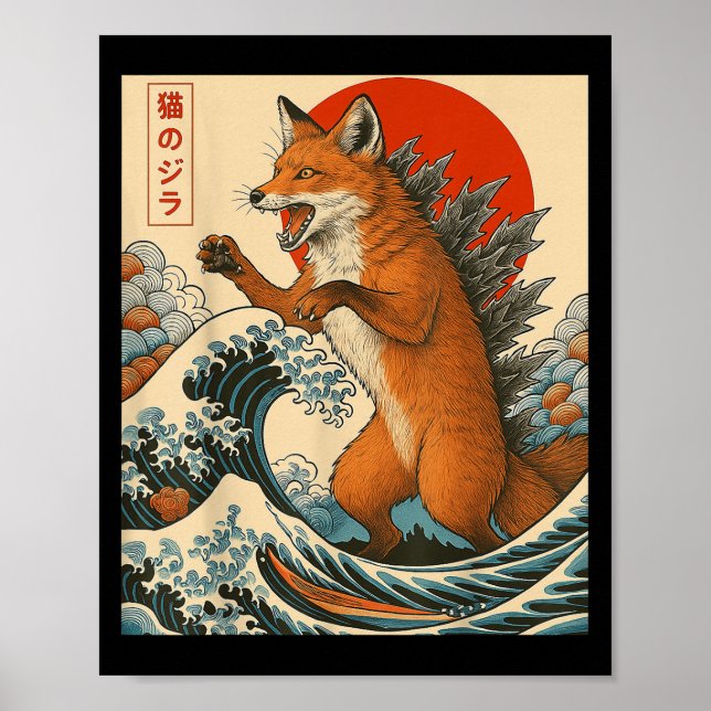 Foxzilla Fox japansk Art Funny För manar Women Boy Poster (Framsidan)