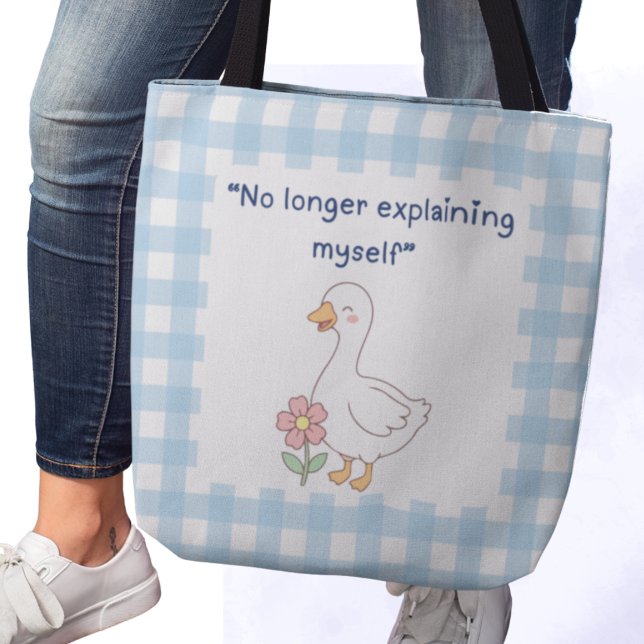 Fräck Gås med Blått Rutigt Förtrollande Tygkasse ("No longer explaining myself" tote bag)