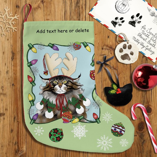 Fräck julkatthumor Maine Coon Grön Rolig Liten Julstrumpa (Skapare uppladdad)
