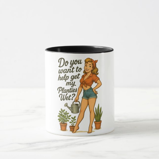 Fräck Pin-Up Trädgårdsmästare Växtlig Puns Design Mugg (Center)