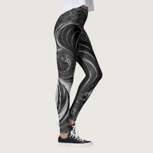 Fractal Black White Metall Nautilus Swirl Leggings