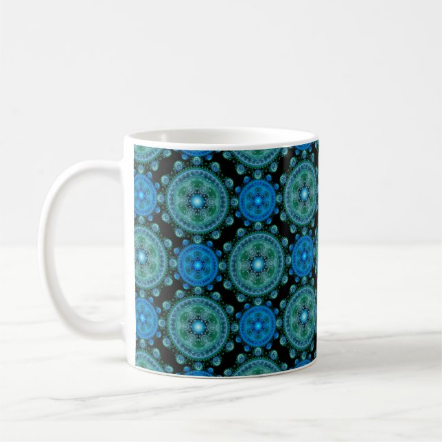 Fractal blue grönt oriental mönster kaffemugg (Vänster)