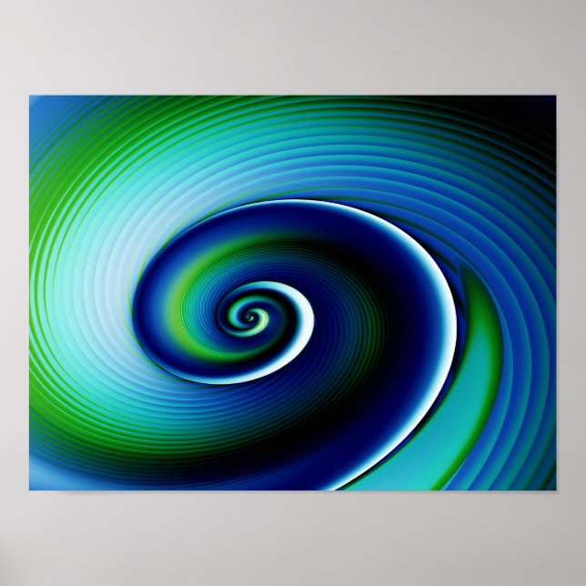 Fractal Blue Grönt Spiral Abstrakt Art Poster (Framsidan)