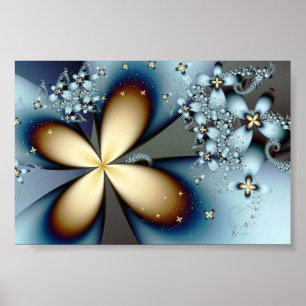 Fractal Blue Guld Cute Abstrakt Blommigt Poster