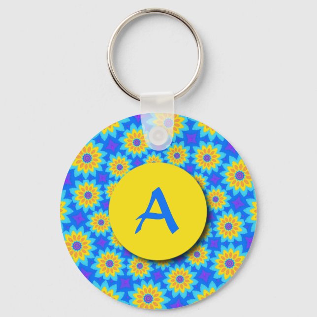 Fractal Blue Patchwork-Daisy, monogram - nyckelked Nyckelring (Framsida)