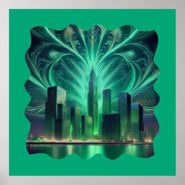 Fractal Fireworks över staden Poster