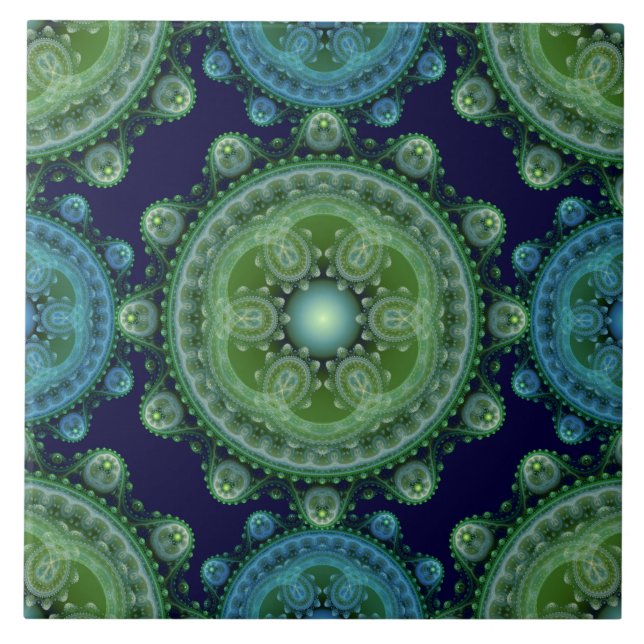 Fractal grönt blue oriental mönster kakelplatta (Framsidan)