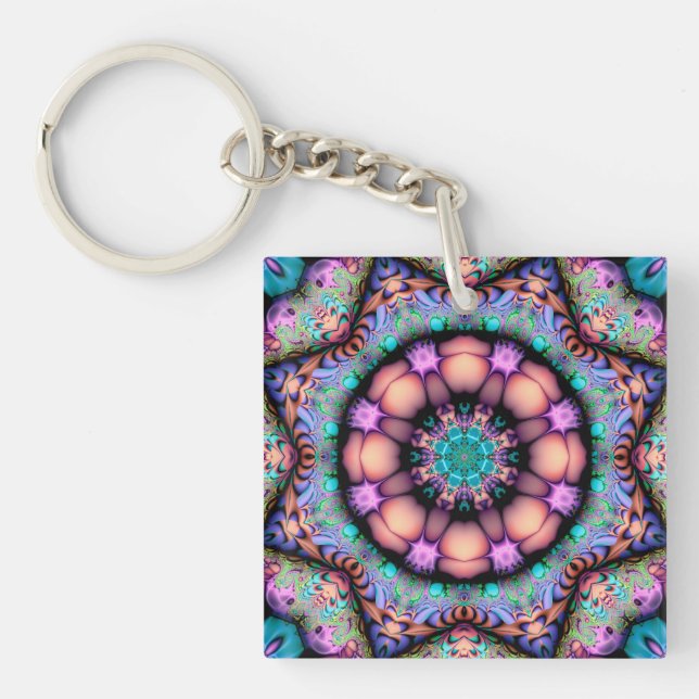 Fractal Mandala Blommigt Psychedelic Art Keychain (Framsidan)
