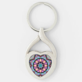 Fractal Mandala Blommigt Psychedelic Keychain Twisted Heart Silverfärgad Nyckelring