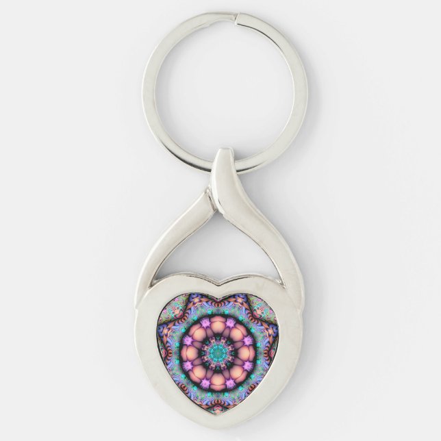 Fractal Mandala Blommigt Psychedelic Keychain Twisted Heart Silverfärgad Nyckelring (Framsidan)