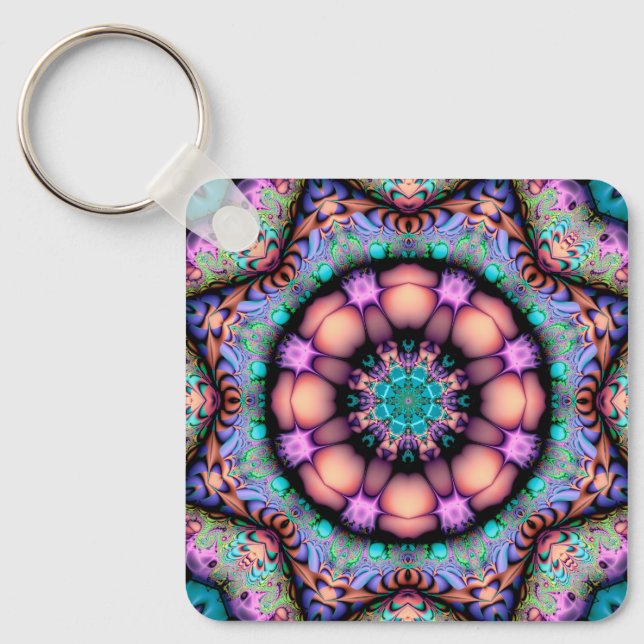 Fractal Mandala Blommigt Psychedelic Nyckelring (Framsida)