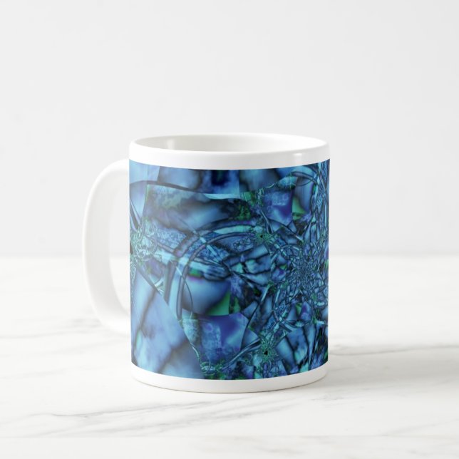 Fractal med blått Grått och Gröntens geometriska f Kaffemugg (Framsida vänster)