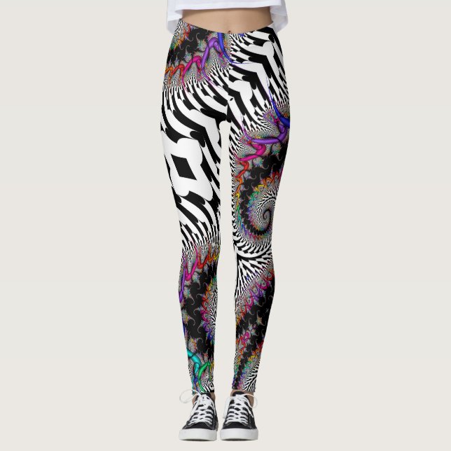 Fractal Rainbow Spiral Black White Abstrakt Leggings (Framsida)