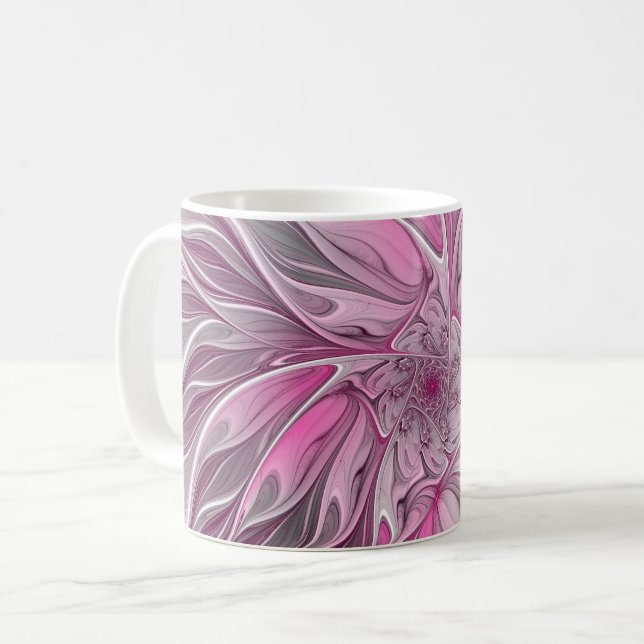 Fractal Rosa Flower Dream, Blommigt Fantasy Mönste Kaffemugg (Framsida vänster)