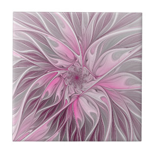 Fractal Rosa Flower Dream, Blommigt Fantasy Mönste Kakelplatta
