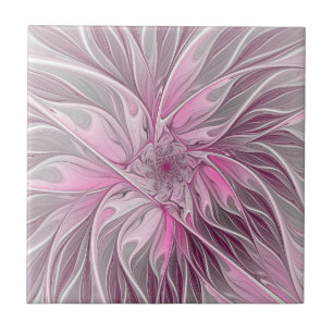 Fractal Rosa Flower Dream, Blommigt Fantasy Mönste Kakelplatta