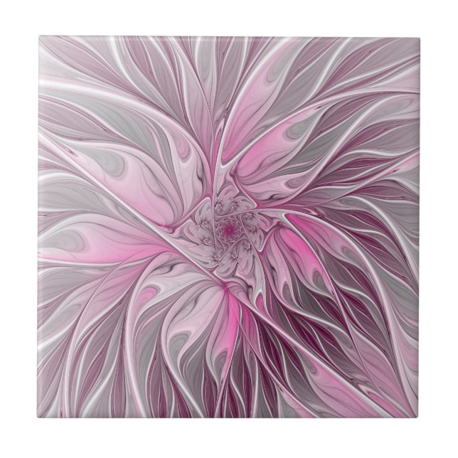 Fractal Rosa Flower Dream, Blommigt Fantasy Mönste Kakelplatta (Framsidan)