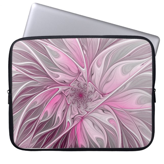 Fractal Rosa Flower Dream, blommigt Fantasy Mönste Laptop Fodral (Framsidan)