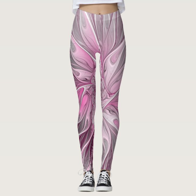 Fractal Rosa Flower Dream, Blommigt Fantasy Mönste Leggings (Framsida)
