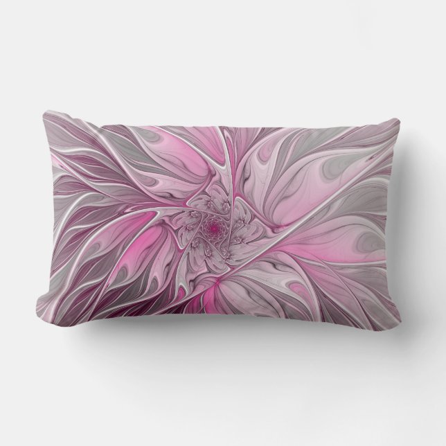 Fractal Rosa Flower Dream, blommigt Fantasy Mönste Lumbarkudde (Framsida)