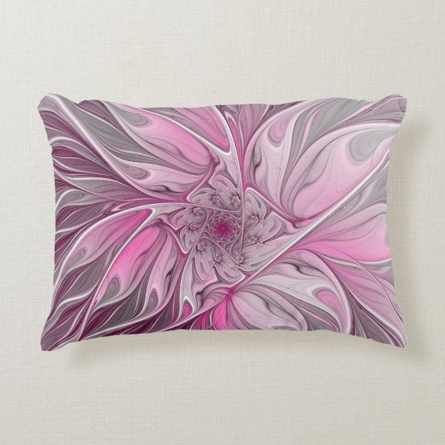 Fractal Rosa Flower Dream, blommigt Fantasy Mönste Prydnadskudde (Framsidan)