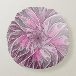 Fractal Rosa Flower Dream, Blommigt Fantasy Mönste Rund Kudde
