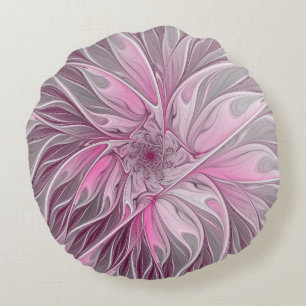 Fractal Rosa Flower Dream, blommigt Fantasy Mönste Rund Kudde