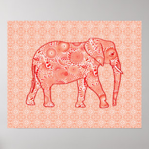 Fractal snurrande elefant - orange av korall och v poster