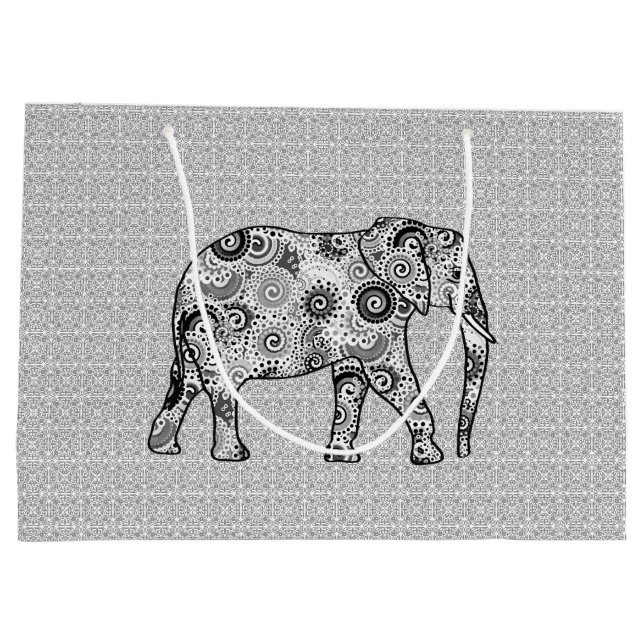 Fractal Swirl Elephant, Grått, Black and White (Baksidan)