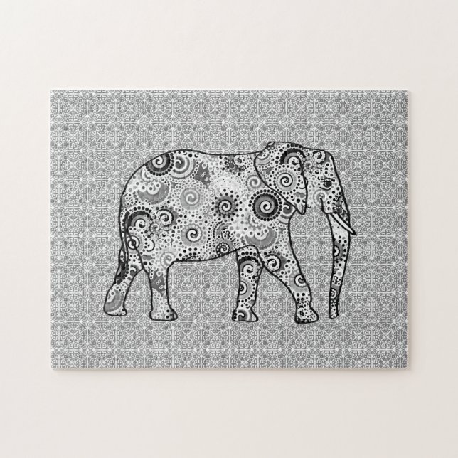 Fractal Swirl Elephant, Grått, Black and White Pussel (Horisontell)
