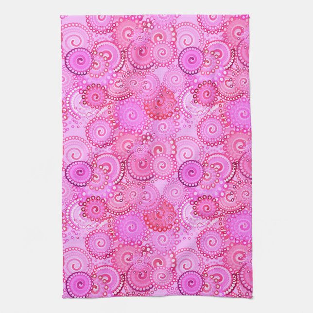Fractal swirl mönster, rosa och fuchsia kökshandduk (Vertikal)