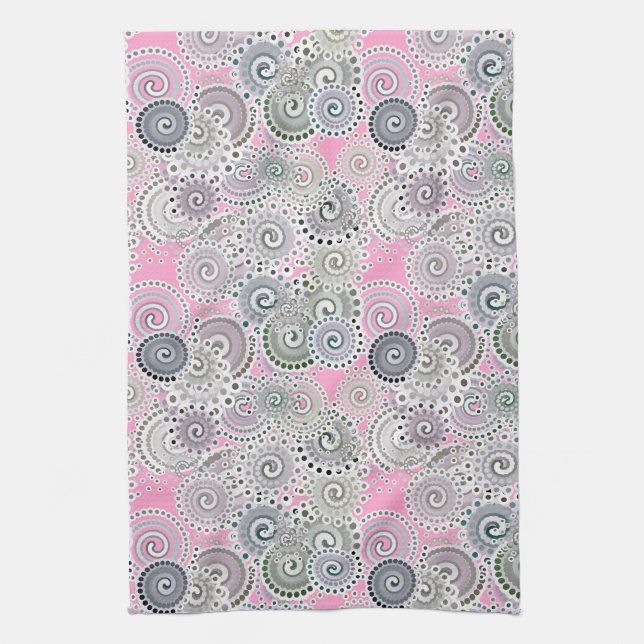 Fractal swirl mönster, rosa och grått kökshandduk (Vertikal)