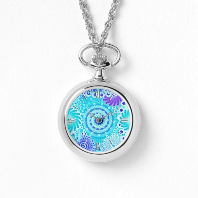 Fractal swirl mönster, turkos, akvarier, blått armbandsur (Framsida)