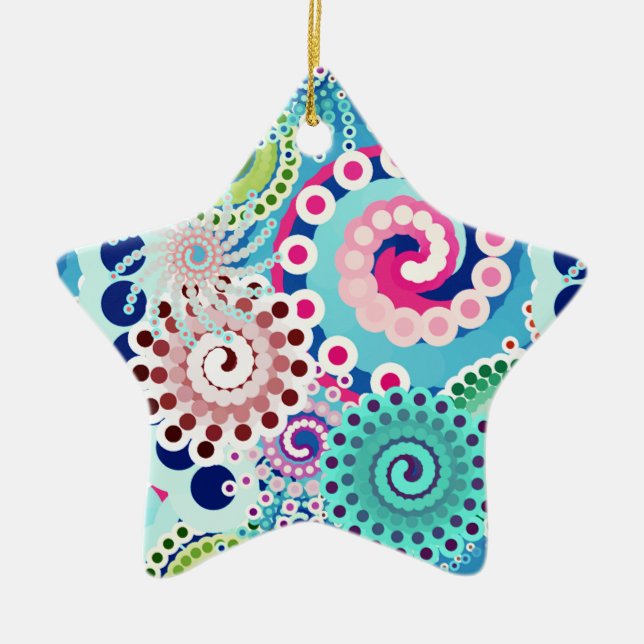 Fractal swirl mönster, turkos, rosa, multipelt julgransprydnad keramik (Framsidan)