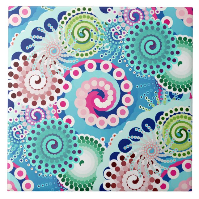 Fractal swirl mönster, turkos, rosa, multipelt kakelplatta (Framsidan)
