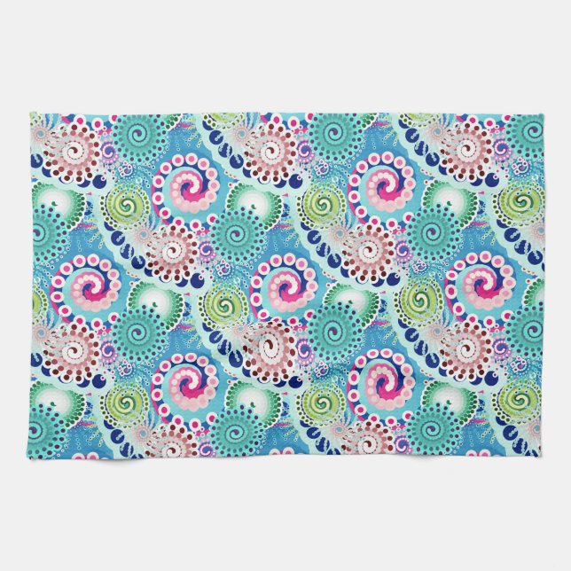 Fractal swirl mönster, turkos, rosa, multipelt kökshandduk (Horisontell)