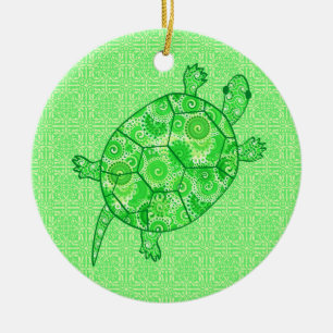 Fractal swirl turtle - lime and emerald grönt julgransprydnad keramik