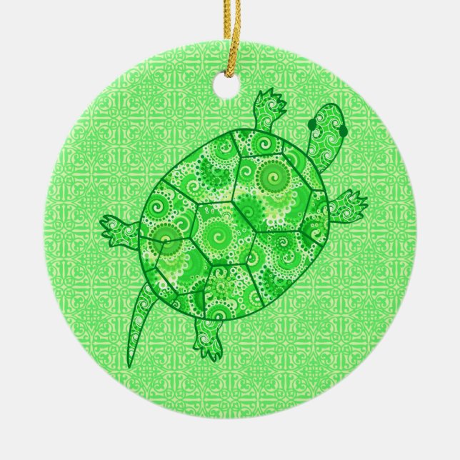 Fractal swirl turtle - lime and emerald grönt julgransprydnad keramik (Framsidan)