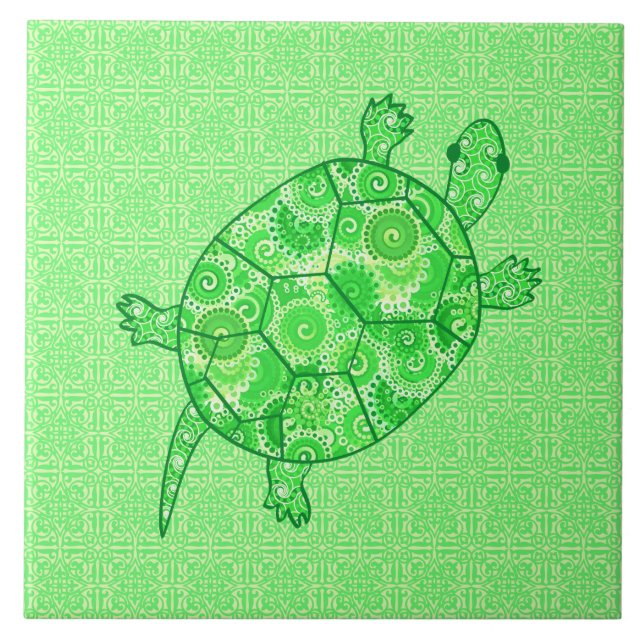 Fractal swirl turtle - lime and emerald grönt kakelplatta (Framsidan)