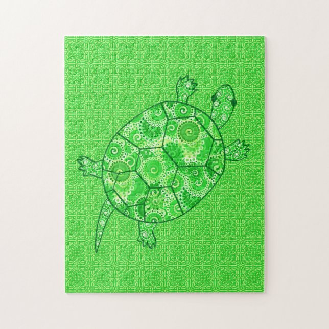 Fractal Swirl Turtle Lime and Emerald Grönt Pussel (Vertikal)