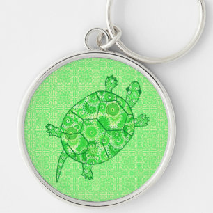 Fractal swirl turtle - lime and emerald grönt rund silverfärgad nyckelring