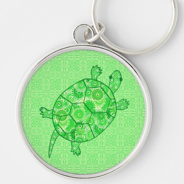 Fractal swirl turtle - lime and emerald grönt rund silverfärgad nyckelring (Framsidan)