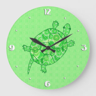 Fractal swirl turtle - lime and emerald grönt stor klocka
