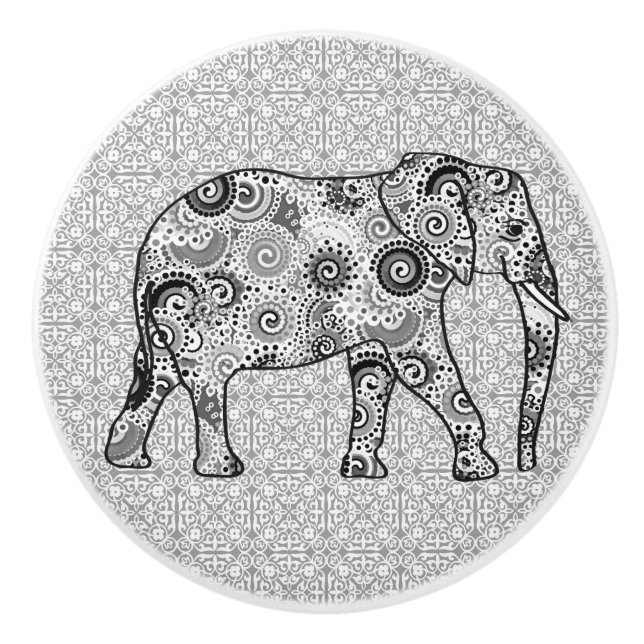 Fractal-virvelelefant, grått, svart och vitt knopp (Framsidan)