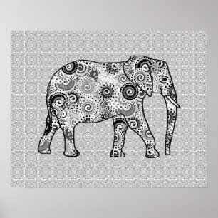 Fractal-virvelelefant - grått, svart och vitt poster