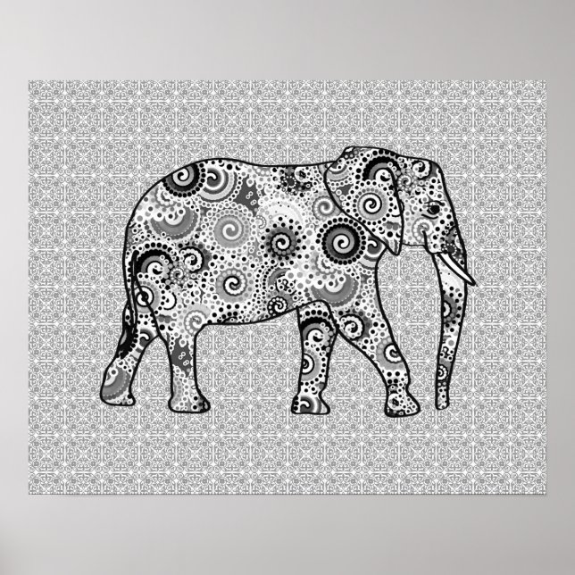 Fractal-virvelelefant - grått, svart och vitt poster (Framsidan)