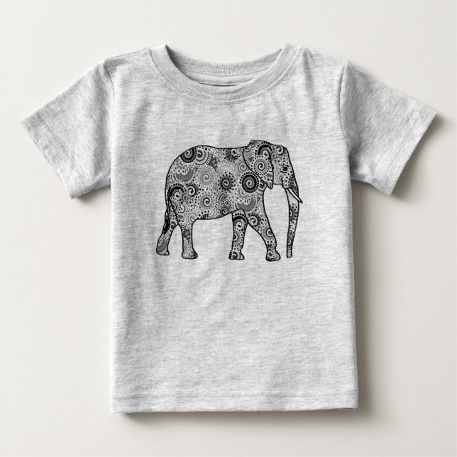 Fractal-virvelelefant - grått, svart och vitt tee shirt (Framsida)