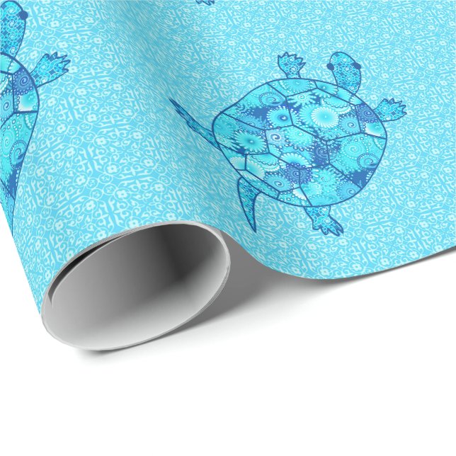 Fractal-virvelsköldpadda - kobolt- och turkosblått presentpapper (Rullad Hörn)